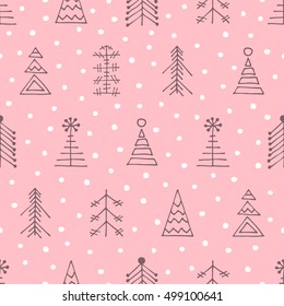 Seamless vector pattern with christmas tree and snowflakes. Pink winter background with decorative hand drawn fir tree. Graphic illustration. Series of winter seamless vector patterns.