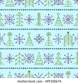 Seamless vector pattern with christmas tree and snowflakes. Blue winter background with decorative hand drawn fir tree. Graphic illustration. Series of winter seamless vector patterns.