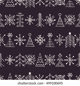 Seamless vector pattern with christmas tree and snowflakes. Dark blue winter background with decorative hand drawn fir tree. Graphic illustration. Series of winter seamless vector patterns.