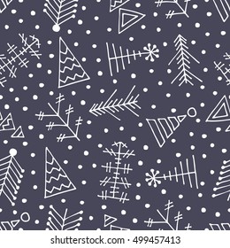 Seamless vector pattern with christmas tree and snowflakes. Blue winter background with decorative hand drawn fir tree. Graphic illustration. Series of winter seamless vector patterns.