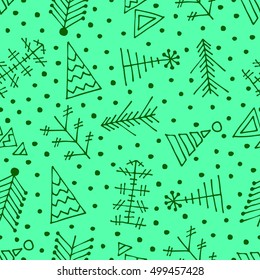 Seamless vector pattern with christmas tree and snowflakes. Green winter background with decorative hand drawn fir tree. Graphic illustration. Series of winter seamless vector patterns.