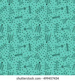 Seamless vector pattern with christmas tree and snowflakes. Blue winter background with decorative hand drawn fir tree. Graphic illustration. Series of winter seamless vector patterns.