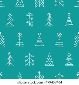 Seamless vector pattern with christmas tree and snowflakes. Blue winter background with decorative hand drawn fir tree. Graphic illustration. Series of winter seamless vector patterns.