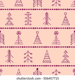 Seamless vector pattern with christmas tree and snowflakes. Pink winter background with decorative hand drawn fir tree. Graphic illustration. Series of winter seamless vector patterns.