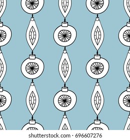 a seamless vector pattern with christmas tree ornaments; a doodle illustration; hand drawn new year decorations