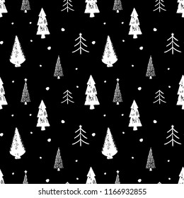 Seamless vector pattern with christmas trees and snow on black background. Simple flat design. Perfect for greeting cards, wrapping paper, scrapbooking, etc.