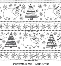 Seamless vector pattern with Christmas trees and pigs. Festive winter illustration. Piggy - animal symbol of new year 2019.