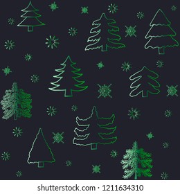 Seamless vector pattern with christmas trees and snowflakes. Can be used for wallpaper, textile, packing, pattern fills, web page background. Creative Hand Drawn textures for winter holidays.