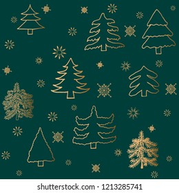 Seamless vector pattern with christmas trees and snowflakes. Can be used for wallpaper, textile, packing, pattern fills, web page background. Creative Hand Drawn textures for winter holidays.