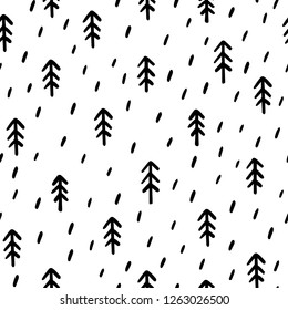 seamless vector pattern with Christmas trees, pines and firs. Scandinavian pattern minimalistic style  hand drawn. Black and white Background is ideal for packaging paper and fabric
