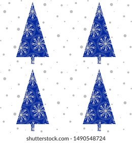 Seamless vector pattern with with Christmas trees blue of white snowflakes on a white background, artistic. Illustration for hoop, surface, packaging, postcard.