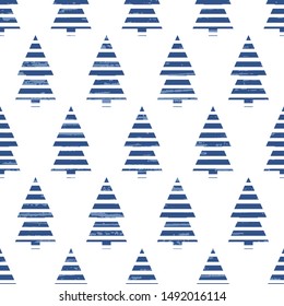 Seamless vector pattern with Christmas trees in white and blue stripes on a white background, with an old vintage texture. Beautiful holiday background.