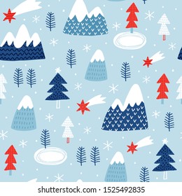 Seamless vector pattern with Christmas trees and mountains. Can be used for wallpaper, pattern fills, web page background, surface textures, gifts. Creative Hand Drawn textures for winter holidays.