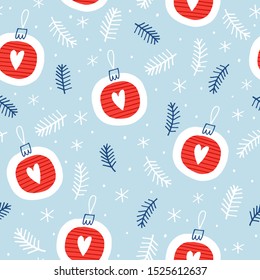 Seamless vector pattern with Christmas trees and balls. Can be used for wallpaper, pattern fills, web page background, surface textures, gifts. Creative Hand Drawn textures for winter holidays.