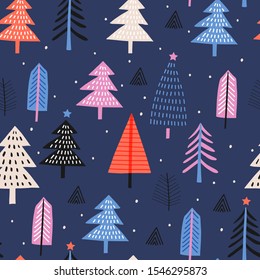 Seamless vector pattern with Christmas trees. Can be used for wallpaper, pattern fills, web page background, surface textures, gifts. Creative Hand Drawn textures for winter holidays.