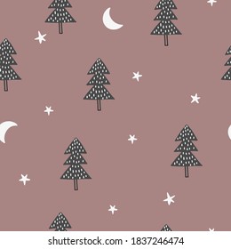 Seamless vector pattern with Christmas trees. Can be used for wallpaper, pattern fills, web page background, surface textures, gifts. Creative Hand Drawn textures for winter holidays. in pink