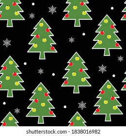 Seamless vector pattern with Christmas trees on black background. Simple winter holiday wallpaper design. Seasonal forest fashion textile.