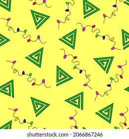 Seamless vector pattern with Christmas trees zigzag with lights on a yellow background