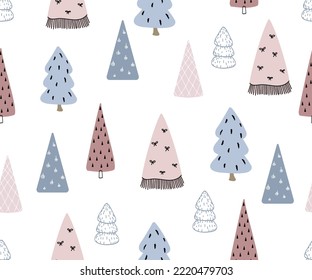 Seamless vector pattern with Christmas trees in doodle style.
