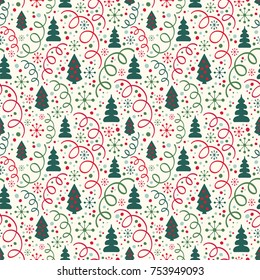 Seamless vector pattern with christmas trees, streamers, snowflakes and confetti. Great for wrapping paper.