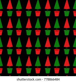 Seamless vector pattern with christmas trees in pots. Fabric, texture, wrapping, kids design. New Year celebration. Black background.
