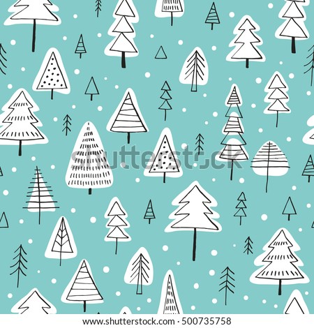 Seamless vector pattern with Christmas trees. Can be used for wallpaper, pattern fills, web page background, surface textures, gifts. Creative Hand Drawn textures for winter holidays.