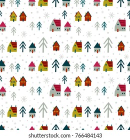 Seamless vector pattern with Christmas village. Can be used for wallpaper, pattern fills, web page background, surface textures, gifts. Creative Hand Drawn textures for winter holidays.