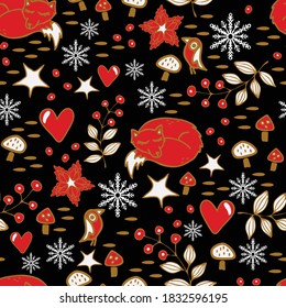 Patrón vectorial impecable con vida salvaje navideña sobre fondo negro. Diseño de fondo de pantalla de invierno con zorro y flores. Textil de moda floral de vacaciones.