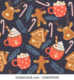 Seamless vector pattern with christmas and winter holidays drinks and cookies. ingerbread man. 