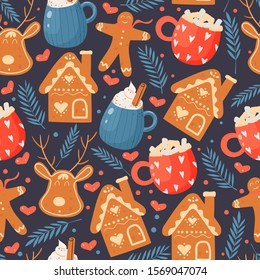Seamless vector pattern with christmas and winter holidays drinks and cookies, gingerbread man. 
