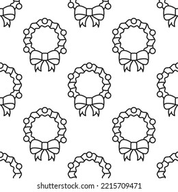 Seamless vector pattern of Christmas wreath on white background for Christmas wrappers, postcards, textile, clothing etc. Christmas, New Year and holiday concept