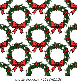 Seamless vector pattern of Christmas wreaths with red bows and berries, perfect for festive backgrounds and winter holiday designs.