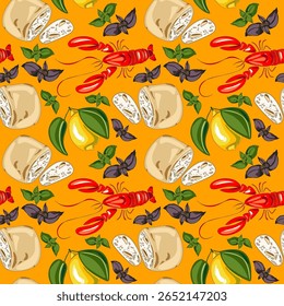 Padrão de vetor sem emenda com pão de ciabatta, lagosta, fatias de limão e manjericão fresco. Design gourmet mediterrâneo perfeito para embalagem culinária, marca de frutos do mar ou têxteis de cozinha.