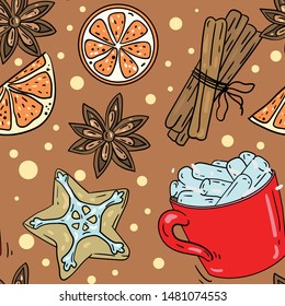 Seamless vector pattern with cinnamon, cookie, anise and coffee on brown background. Wallpaper, fabric and textile design. Cute wrapping paper pattern for winter. Good for printing.