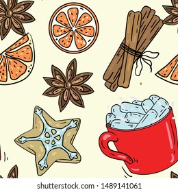Seamless vector pattern with cinnamon, cookie, anise and coffee on white background. Wallpaper, fabric and textile design. Cute wrapping paper pattern for winter. Good for printing.