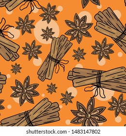 Seamless vector pattern with  cinnamon sticks and anise star  on orange background. Wallpaper, fabric and textile design. Cute wrapping paper pattern with spices. Good for printing.