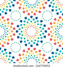 Seamless vector pattern with circle rainbow texture on white background. Happy summer doodle wallpaper design. Decorative geometrical fashion textile.