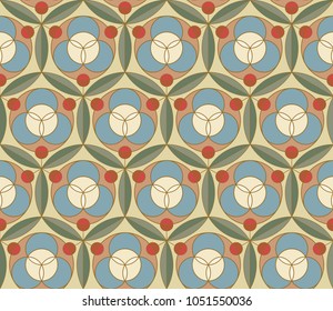 Seamless vector pattern with circles, berries and leaves.