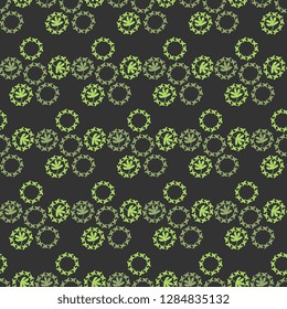 Seamless vector pattern with circles and green leaves, ornament on dark gray background. Handmade, artistic illustration. Beautiful tile, wrapping, cover, textile, wallpaper design.