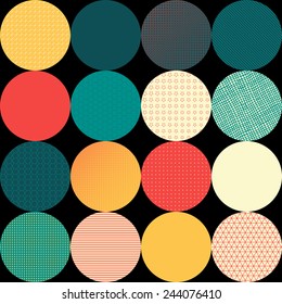 Seamless vector pattern of circles. Circles with various texture on black background in retro style.