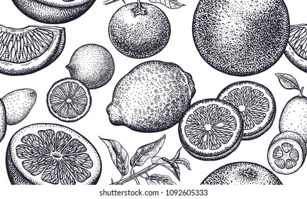 Seamless vector pattern with citrus fruits. Black and white illustration. Vintage engraving. Kitchen design for paper, textiles, wallpaper, interior design. Hand drawing