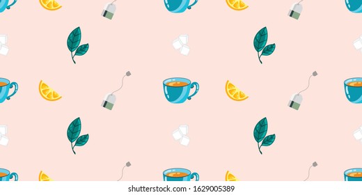 Seamless vector pattern with citrus slices, mint leaves, mugs and tea bags, with sugar on a colored background. Background for decor, textiles and notebooks