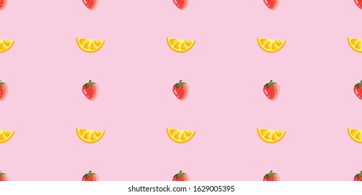 Seamless vector pattern with citrus slices and strawberries. Lemon and berry on a colored background. Background for decor, textiles and notebooks