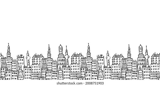 Seamless vector  pattern with city buildings. Doodle vector with buildings icons on white background.