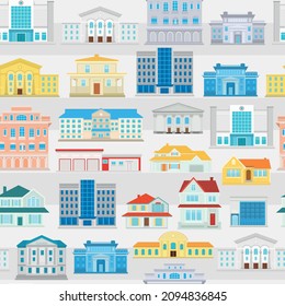 Seamless vector pattern with city buildings on a gray background