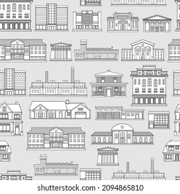 Seamless vector pattern with city buildings on a gray background.Outline style.	