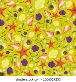 Seamless vector pattern with clam, starfish and seashell on yellow background. Underwater repeat wallpaper design. 