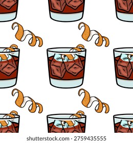 Seamless vector pattern of a classic cocktail with ice and orange peel garnish