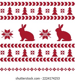 Seamless vector pattern with classic elements and silhouettes of rabbit, hare. Cozy classic Nordic winter Christmas ornament in traditional scandinavian style in red on a white background.
