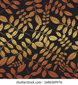 seamless vector pattern of classic golden ash leaves , abstract gold foil leaves on  black , perfect for textiles. Paper, pattern fills, web banner, party, cards, wedding, celebration, invite